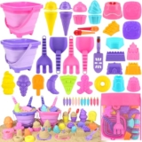 Joyreal 49 PCS Ice Cream Beach Toys – Sand Pit Toys with Collapsible Bucket and Spade Beach Set Kids with Shovel Tool Kits Storage Mesh Bag for Toddlers Boys Girls – Beach toys set
