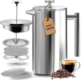 KICHLY Stainless Steel French Press – Double Wall Coffee Press – Stainless Steel Plunger Coffee & Tea Maker Silver, 1.0 Litre (Pack of 1) – French press