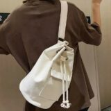 Korean Women’s New Fashion Simple One-Shoulder Slanting Cross Bag Drawstring Pleated Large Capacity Canvas Bucket Shoulder Bag – women fashion