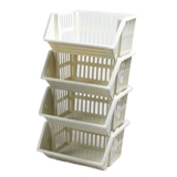 Large 4 Tier Stacking Baskets Storage Veg Rack Plastic Stackers, Black, Length 35.5 cm x Depth 30 cm x Height 17.5 cm (Cream) – Stackable storage bins