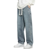 Men’s Denim Pants Loose Fit Jeans Drawstring Elastic Waist Baggy Trousers Straight Wide Leg Denim Jeans Pants Casual Street Lightweight Trousers Leisure Workwear – Plus size elastic waist jeans