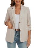 MINTLIMIT Linen Womens Blazer Lightweight Cotton Jackets Casual 3/4 Ruched Sleeve with Pocket (Beige L) – Oversized blazer