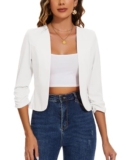 MINTLIMIT Women’s Suit Jackets & Blazers Cropped 3/4 Ruched Sleeve Casual Blazer for Women Collarless (White M) – Cropped blazer