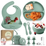 O’doe 11-Piece Baby Weaning Set | Baby Led Weaning Feeding Supplies for Toddlers | Baby Feeding Set with BPA-Free Suction Bowl, Silicone Baby Feeding Set, Spoons, Bibs, and Food Plate Kit | Green V1 – Baby feeding set