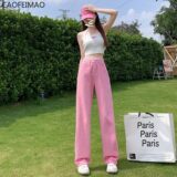 Pink High Waisted Jeans for Women Adjustable Waist Jeans Woman 2025 Summer Streetwear Wide Leg Pants Casual Mom Jeans – mom jeans