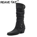 Best Discount on REAVE CAT Vintage Pleated Wide Women Knee High Boots Toe Block Heels 6.5cm Slip On Size 43 Booties – Only 30.69!