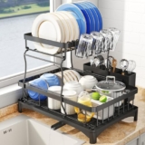 SAYZH Dish Drainer Rack, Detachable 2 Tier Dish Draining Rack and Drain board Set, Large Capacity Dish Drainer Organizer Shelf with Utensil Holder, Cup Rack for Kitchen Counter, Black – Dish rack