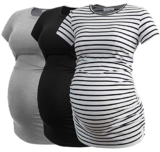 Smallshow Maternity Clothing Tops Side Ruched Pregnancy Clothes for Women 3-Pack Black/Grey/White Stripe M – Maternity T-shirt