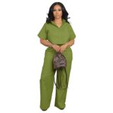 Street Fashion Women’s Set Short Sleeve Linen Shirt and Wide Leg Pants 2024 Street OL Two 2 Piece Set Outfit Tracksuit – wide leg trousers