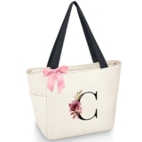 Vavabox A-Z Initial Personalized Tote Bag,Waterproof Gifts for Women, Bridesmaids,Mom,Teachers,Friends (C, Beige) – Tote bag for mom