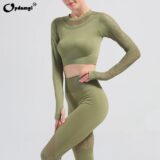 Best Discount on Women Gym Sets Long Sleeve Crop Top High Waist Sport Leggings Shirts Mesh Seamless Fitness Set Women’s Tight Sportwear Yoga Suit – Only 28.99!