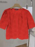 Best Sale on ZANZEA Openwork Embroidery O-Neck Solid Tops Button Up Elegant 2025 Summer Short Puff Sleeve Shirts Casual Women Fashion Blouses – Only 12.09!