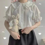 Best Deal on Zoki Japanese Sweet Women Blouses Lolita Style White Kawaii Peter Pan Collar Jk Shirt Cute Preppy Ruffle Puff Short Sleeve Tops – Only 6.50!